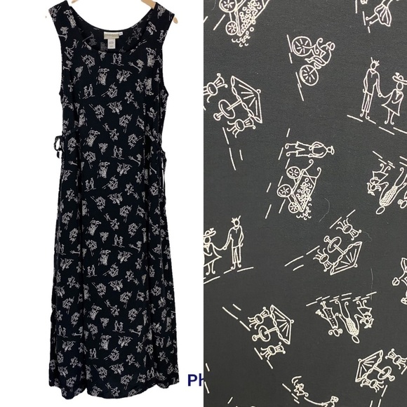 Coldwater Creek Dresses & Skirts - COLDWATER CREEK Novelty People Print Sleeveless Black Maxi Dress Medium Rayon